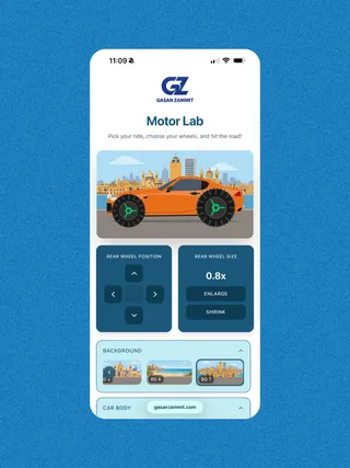 Motor Lab game on a phone: choose a car, drivers and background, shown on a blue background