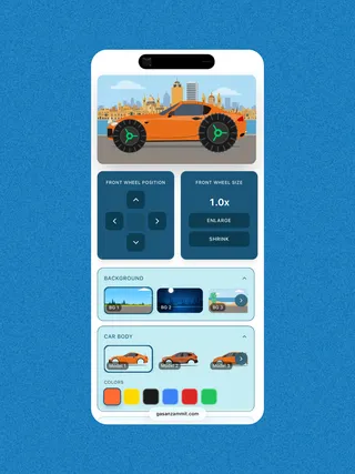 Motor Lab game on a phone showing an orange car in a city with customisation controls