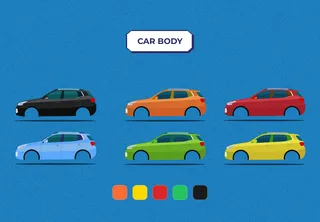 Motor Lab game 'Car body' options: six illustrated cars and a colour palette