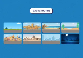 Motor Lab Game background scene selector showing illustrated city and beach backgrounds