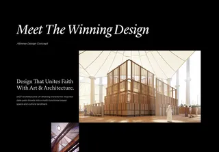 Almusalla Prize website page 'Meet the Winning Design' with a rendering of a timber pavilion