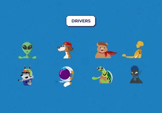 Motor Lab game 'Drivers' options: illustrated aliens, animals and characters