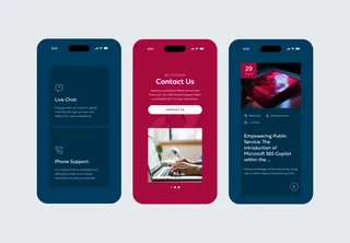 MITA website on three mobile screens: live chat, contact us and a news article
