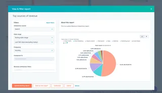 HubSpot report builder with filters and a pie chart of results