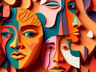 Colourful abstract illustration of overlapping human faces in orange, teal and red