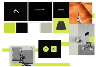 Sportswear brand moodboard with black and lime green logos and tennis photography