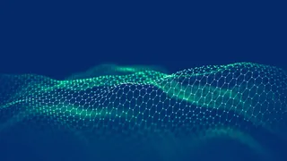 Glowing teal wave of digital data points on a dark blue background