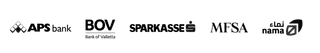 Logos of financial clients: APS Bank, Bank of Valletta, Sparkasse, MFSA and Nama