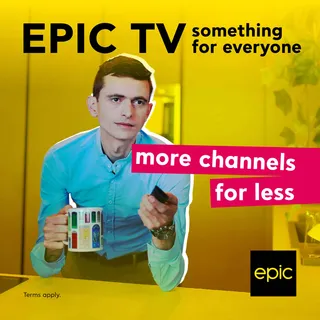 Epic TV advert of a man holding a mug: 'More channels for less'