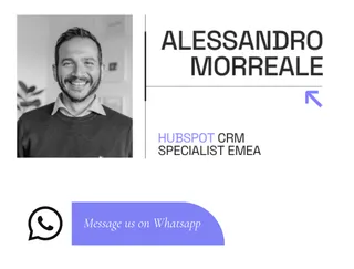 Alessandro Morreale, HubSpot CRM Specialist EMEA, with a 'Message us on Whatsapp' button