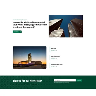 MISA Invest Saudi page 'How can the Ministry of Investment support investors' with a newsletter sign-up banner