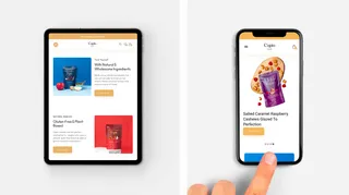 Cupio Snacks website on a tablet and a phone showing packaged almond snacks