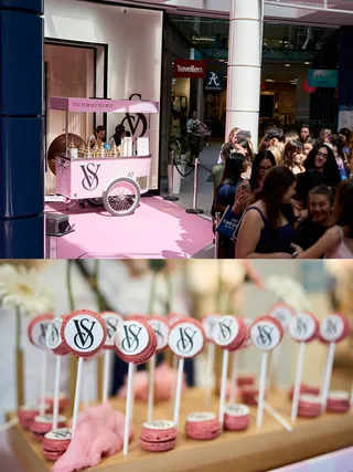 Victoria's Secret pink treat cart and cake pops with the brand monogram