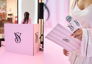 Victoria's Secret pink striped counter and a hand holding a microphone with the VS monogram