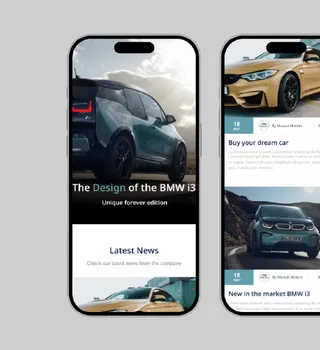 Muscats Motors website on two phones with BMW i3 and a car listing